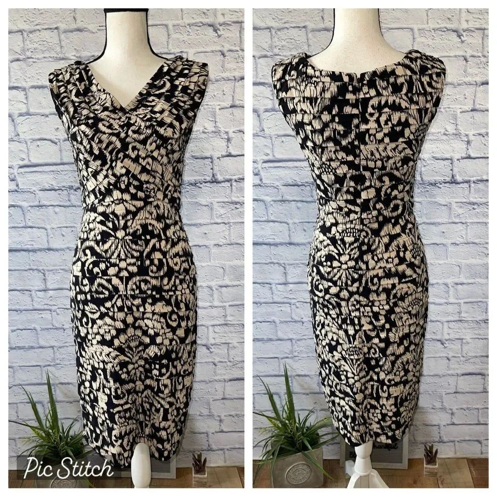 ADRIANNA PAPEL BLACK TAN IKAT SLEEVELESS STRETCH TIER CRISS CROSS CHEST DRESS